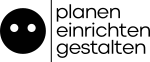 Grosser, schwarzer, kreisrunder Punkt mit zwei kleinen weissen Punkten die als Augen dienen. Rechts vom schwarzen Kopf eine senkrechte dünne Linie. Anschliessend sind die Wörter planen, einrichten gestalten, in einer rundlichen Schrift, übereinander und linksbündig an der senkrechten Linie angeordnet.